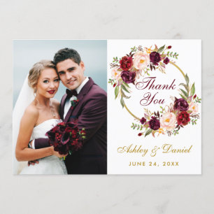 Cartão De Agradecimento Coroa Floral Burgundy Casamento Foto Obrigado