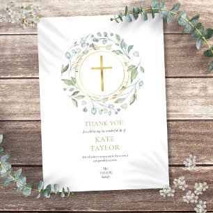 Cartão De Agradecimento Coroa Fúnebre de Louro Elegante Memorial Cruz Dour