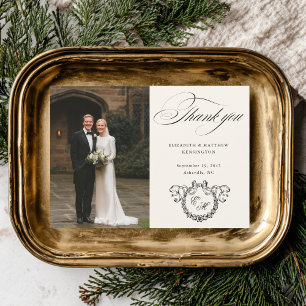 Cartão De Agradecimento Coroa Monograma Caligrafia Elegante Casamento