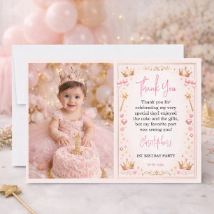 Cartão De Agradecimento Coroa Princesa Dourado Rosa Conto de Fadas 1º Aniv