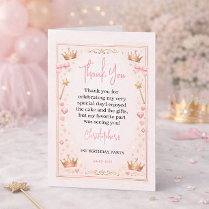 Cartão De Agradecimento Coroa Princesa Dourado Rosa Conto de Fadas 1º Aniv