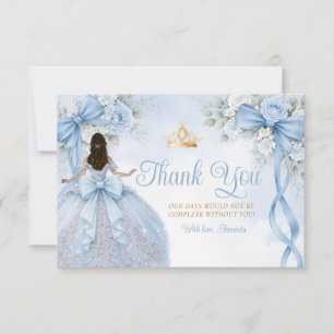 Cartão De Agradecimento Coroa Quinceañera com Laço Floral Azul Empoeirado