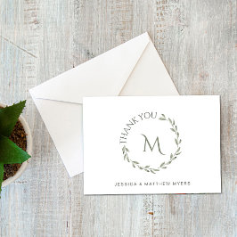 Cartão De Agradecimento Coroa Verde Elegante com Monograma e Nomes