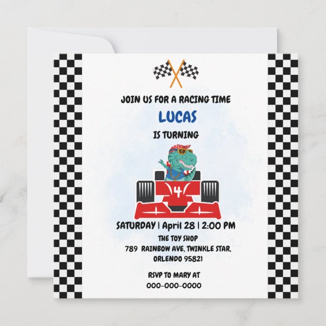 Cartão De Agradecimento Corrida de dinossauro de aniversário menino carro  (Frente)