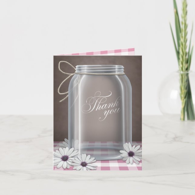 Cartão De Agradecimento Country Mason Jar Daisy Pink Obrigado (Frente)