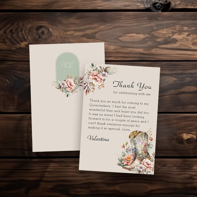 Cartão De Agradecimento Cowgirl Floral Boots Rustic Boho (Monogrammed Thank you Card from my Boho Floral Cowgirl Boots Quinceanera Collection
)