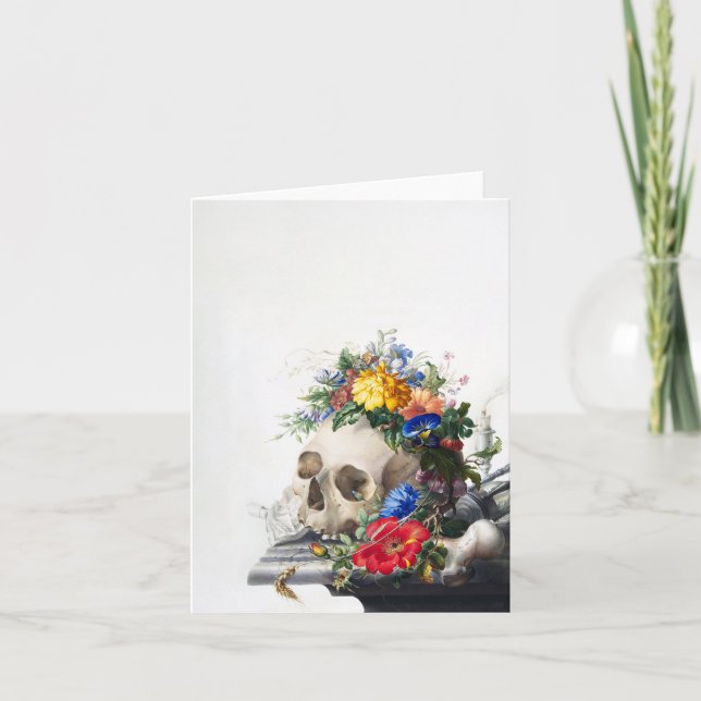 Cartão De Agradecimento Crânio com flores, placa de Vazio (Frente)