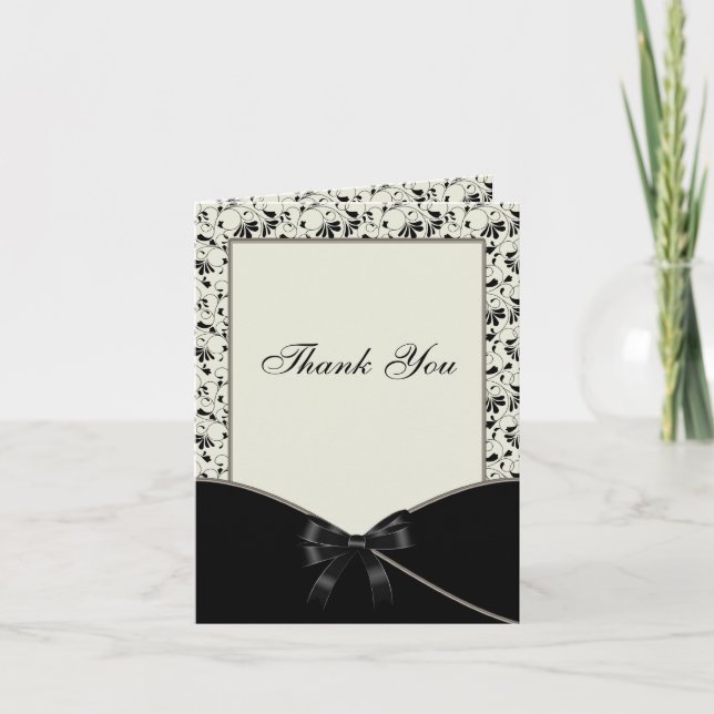 Cartão de Agradecimento Creme Damask Marfim Preto (Frente)