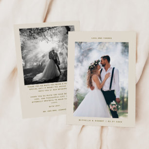 Cartão De Agradecimento Creme de Foto de Casamento Minimalista de Amor e O