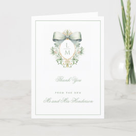 Cartão De Agradecimento Crest Elegante com Arco Verde Sage | Casamento Mon