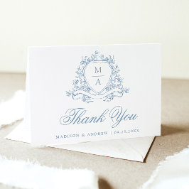 Cartão De Agradecimento Crest Floral Azul Elegante Monograma Casamento