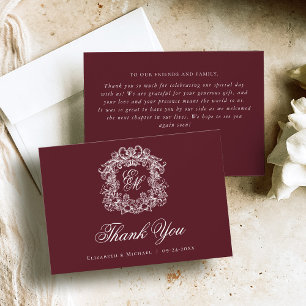 Cartão De Agradecimento Crestão de Monograma Burgundy Elegante para Casame