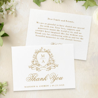 Cartão De Agradecimento Crestas Florais Elegantes em Ouro para Casamento c