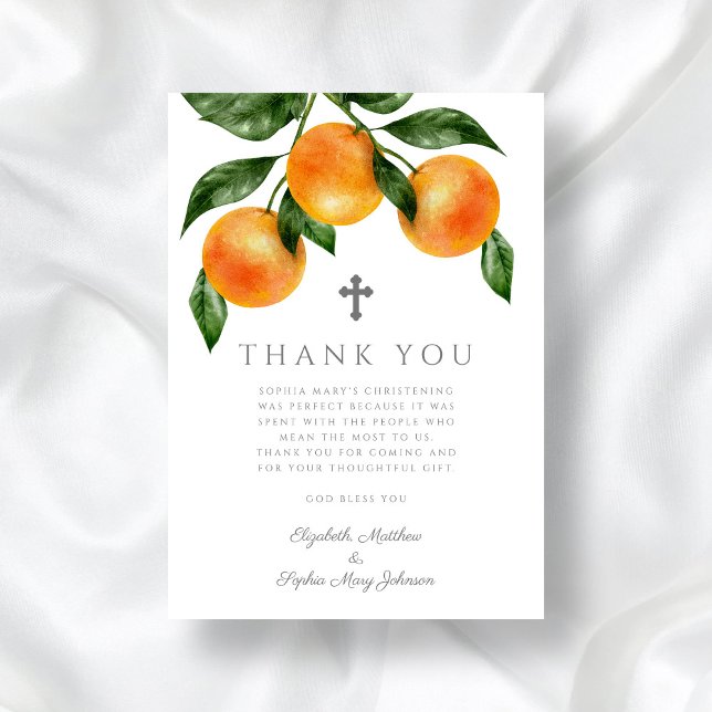 Cartão De Agradecimento Criança Elegante de Laranjas Botânicas (Elegant Botanical Oranges Girl Christening Thank You Card)
