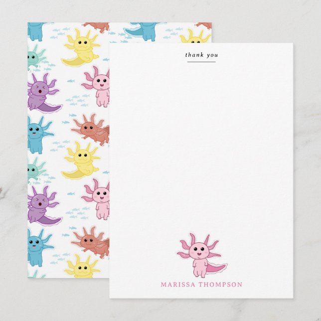 Cartão De Agradecimento Crianças Axolotl Crianças Salamandra Menina Fofo (Frente/Verso)