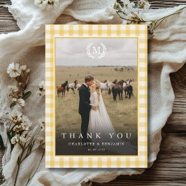 Cartão De Agradecimento Crista de Monograma em Xadrez Amarelo 2 Foto