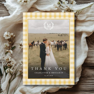 Cartão De Agradecimento Crista de Monograma em Xadrez Amarelo 2 Foto