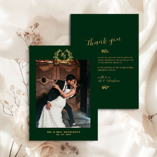 Cartão De Agradecimento Crista Floral Elegante Esmeralda Dourado