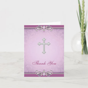 Cartão de Agradecimento Cristão Cruz Rosa Damask