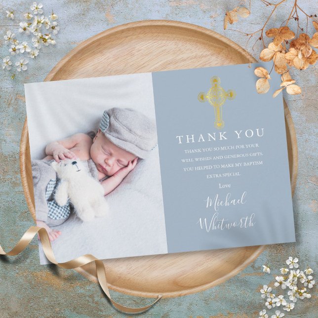 Cartão De Agradecimento Cruz de ouro elegante assinatura de foto script Ba (Elegant Gold Cross Photo Signature Script Baptism Thank You Card)