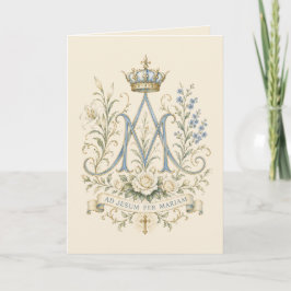 Cartão De Agradecimento Cruz Mariana Católica Azul Floral Monograma