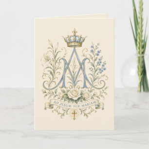 Cartão De Agradecimento Cruz Mariana Católica Azul Floral Monograma