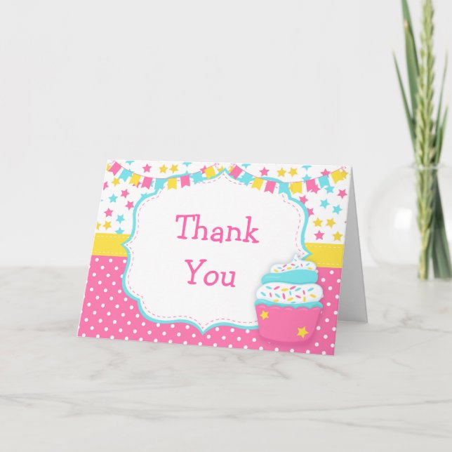 Cartão De Agradecimento Cupcake and Sprinkles Birthday Party Thank You (Frente)