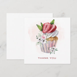 Cartão De Agradecimento Cupcake de aquarela, morango, obrigados florais