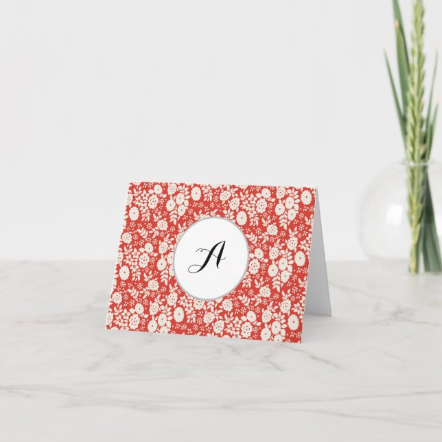 Cartão De Agradecimento Custom Monogram Flower Pattern Red (Frente)