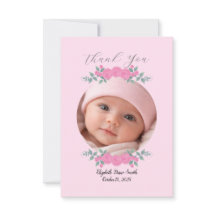 Custom Name Photo, Pink Roses Baby Thank you Card 