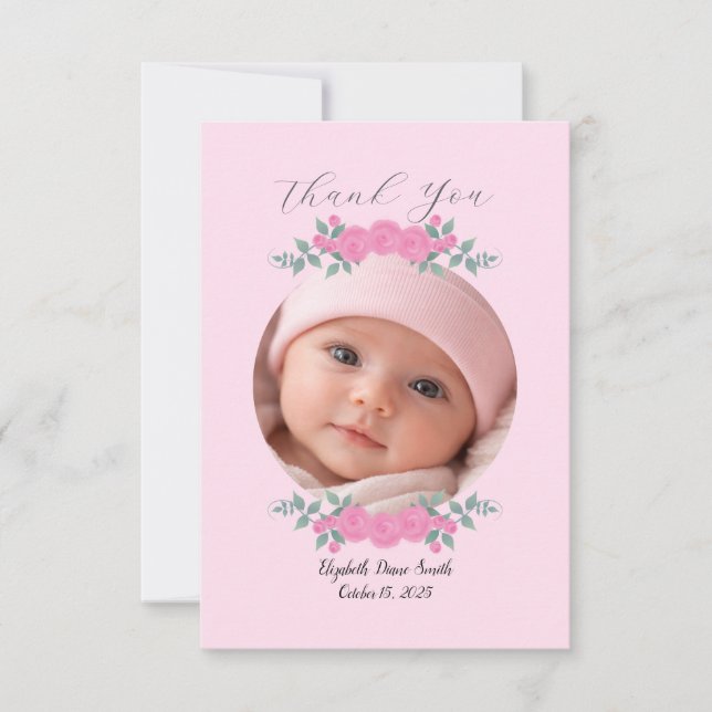 Cartão De Agradecimento Custom Name Photo, Pink Roses Baby Thank you Card  (Frente)