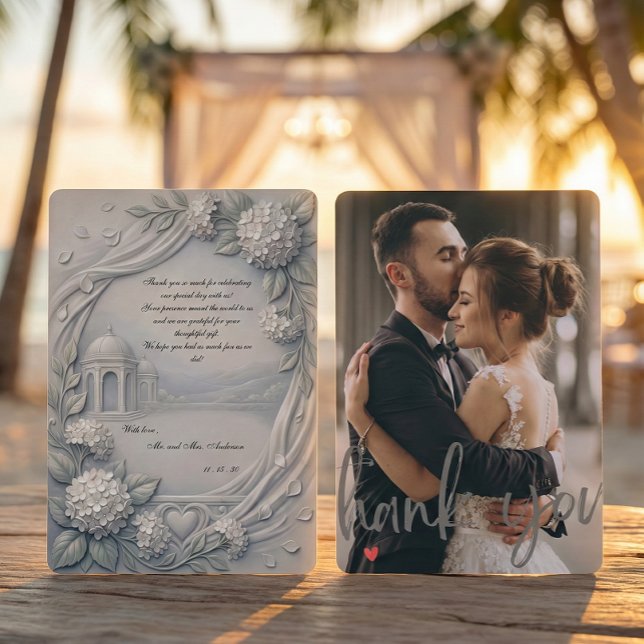 Cartão De Agradecimento Custom Photo Cream Hydrangea Neoclassical Wedding (Criador carregado)