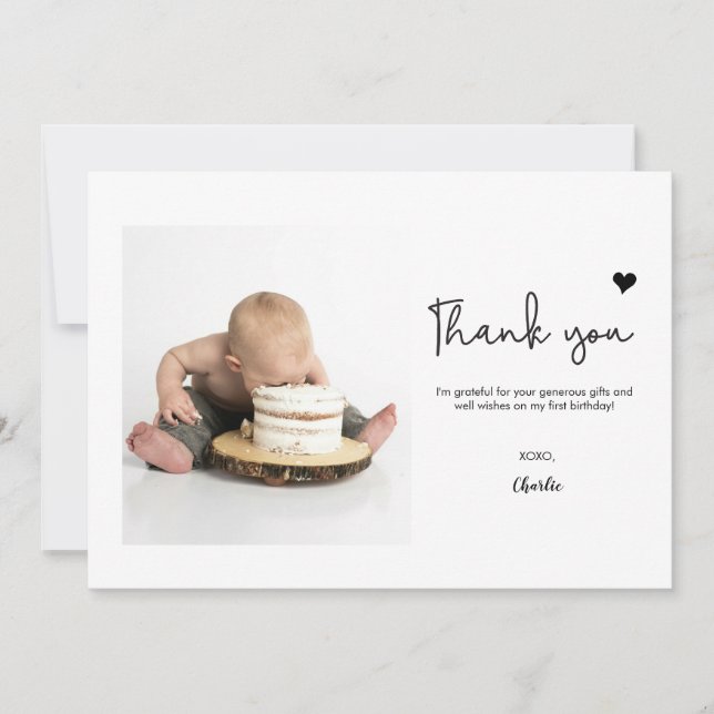 Cartão De Agradecimento Custom Photo Modern heart First Birthday (Frente)
