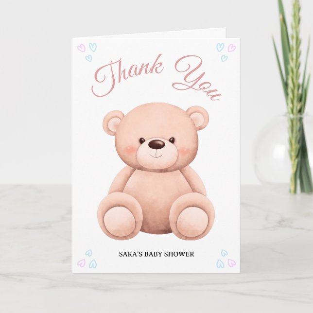 Cartão De Agradecimento Cut Teddy Bear, Pastel Girl Baby Shower Folded (Frente)