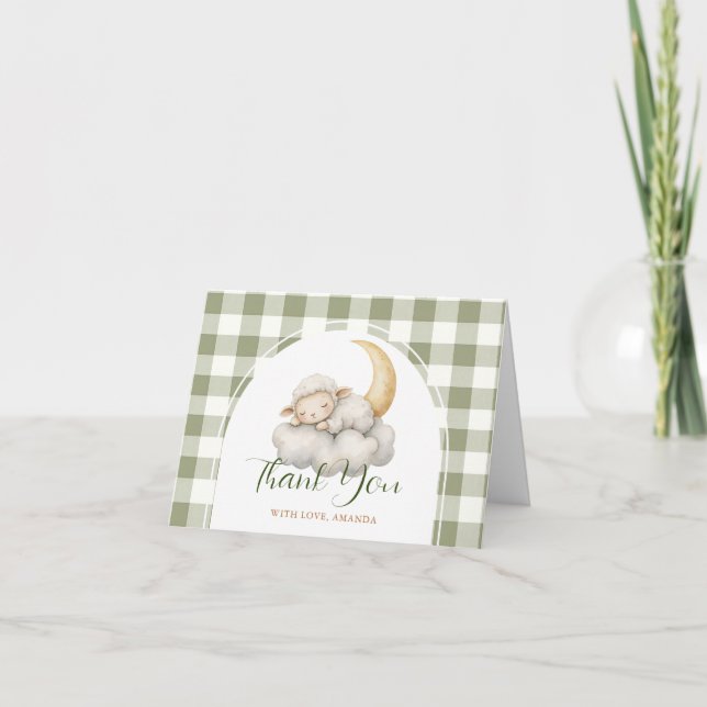 Cartão De Agradecimento Cute A little lamb baby shower Sage Green Gingham (Frente)