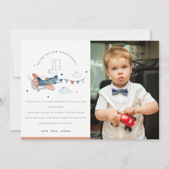 Cartão De Agradecimento Cute Avião Azul Marinho Ferrugem Nuvens Crianças F (Frente)