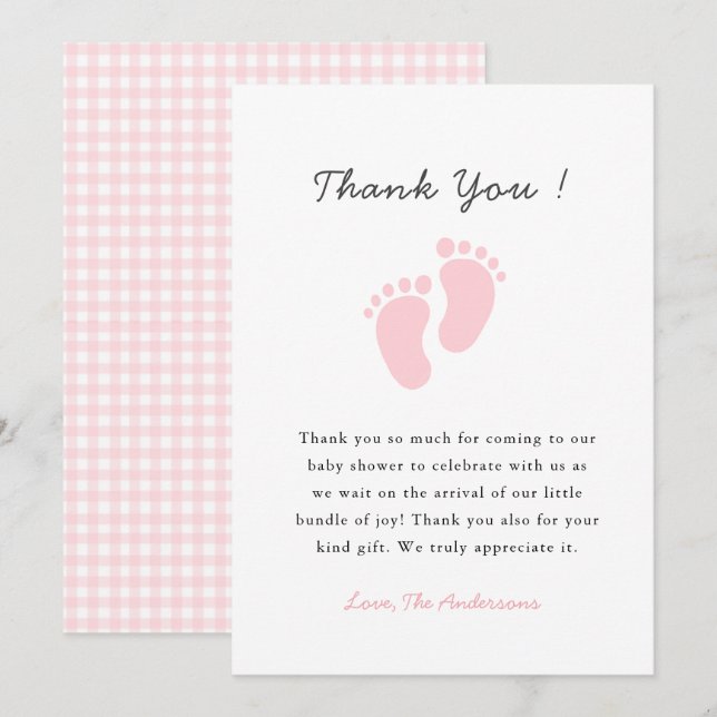 Cartão De Agradecimento Cute Baby footprint  Baby girl shower (Frente/Verso)