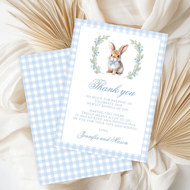 Cartão De Agradecimento Cute Blue Bunny Easter Gingham Baby Boy Shower (Criador carregado)