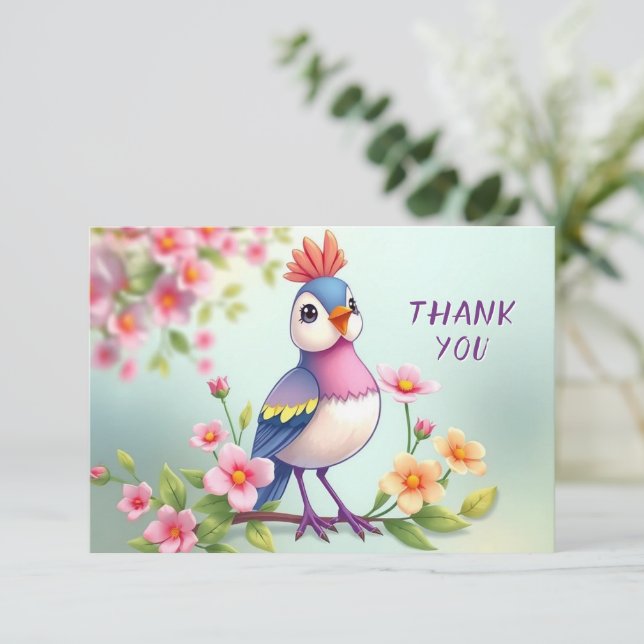 Cartão De Agradecimento Cute Blue Pink Bird Floral Thank You Card (Em pé/Frente)