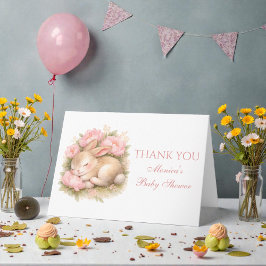Cartão De Agradecimento Cute Bunny Rabbit Pink Blush Peony Baby Shower