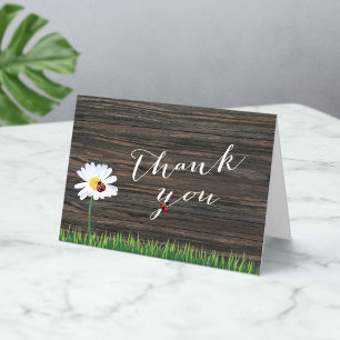 Cartão De Agradecimento Cute Daisy & Ladybugs Wood Background Thank You
