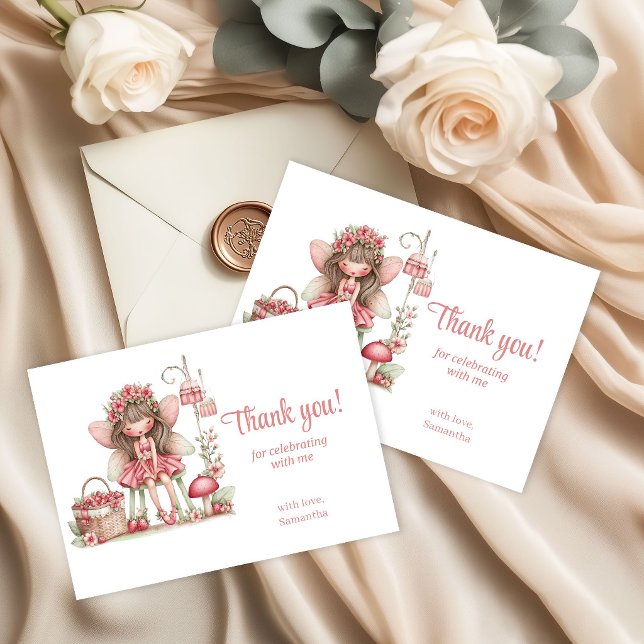 Cartão De Agradecimento Cute Fairy Blush Flowers 5th Birthday Party Thank  (Cute Fairy Blush Flowers 5th Birthday Party Thank You Card)