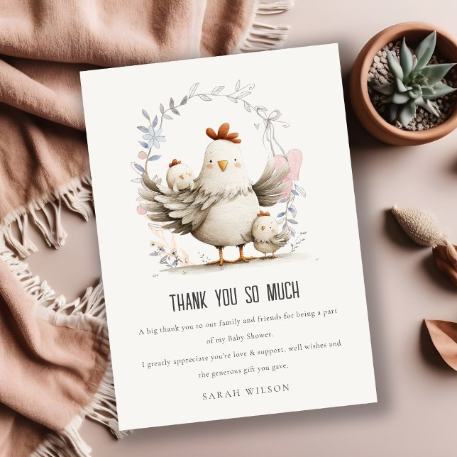 Cartão De Agradecimento Cute Farm Mum and Baby Chick Floral Baby Shower (Criador carregado)