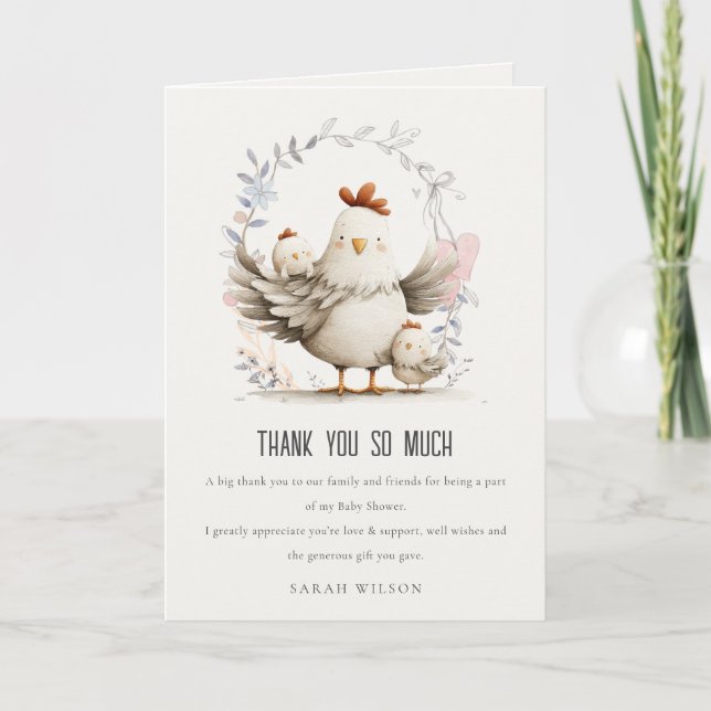 Cartão De Agradecimento Cute Farm Mum and Baby Chick Floral Baby Shower (Frente)