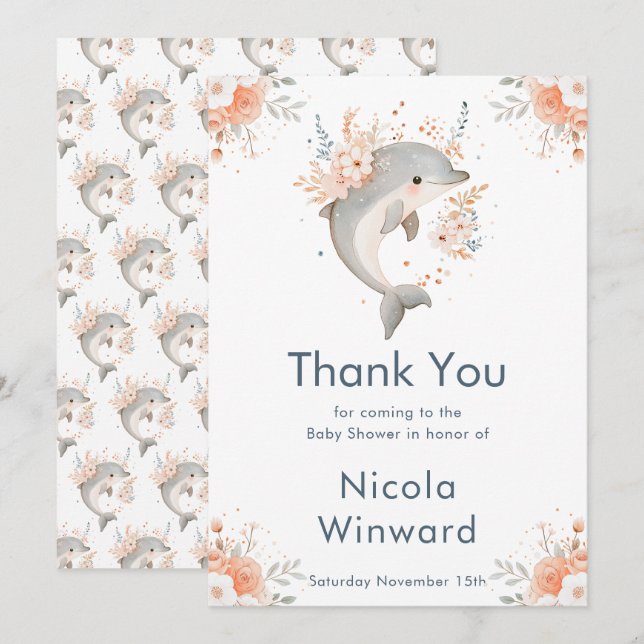 Cartão De Agradecimento Cute Floral Dolphin Baby Shower  (Frente/Verso)