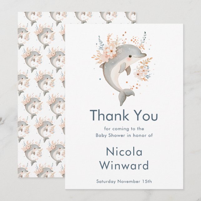 Cartão De Agradecimento Cute Floral Dolphin Baby Shower  (Frente/Verso)