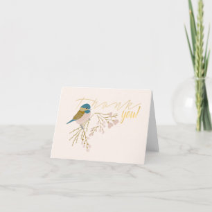 Cartão De Agradecimento Cute Gold Pink Chickadee Bird Hearts Floral Print