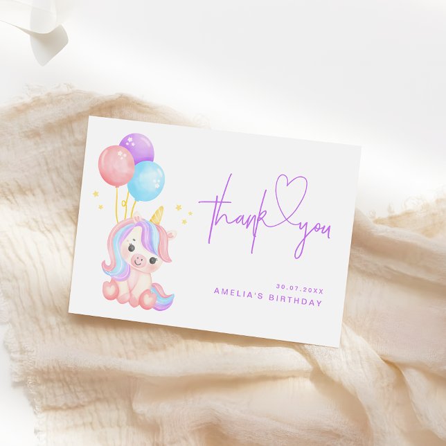 Cartão De Agradecimento Cute Magical Unicorn Purple Girls Birthday (Criador carregado)