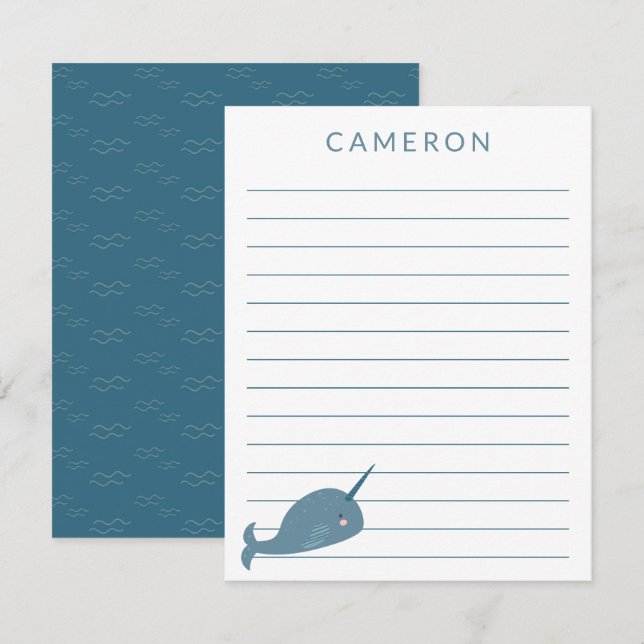 Cartão De Agradecimento Cute Narwhal em Crianças Personalizadas Azuis Vinc (Frente/Verso)