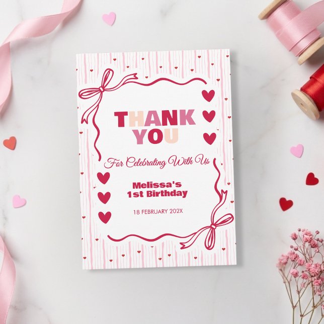 Cartão De Agradecimento Cute Pink and Red Sweetheart Thank You Birthday  (Criador carregado)